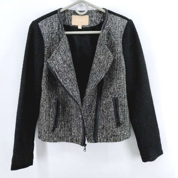 Banana Republic Tweed‎ Moto Jacket Blazer Black Faux Leather Trim Size 4 - Picture 3 of 15